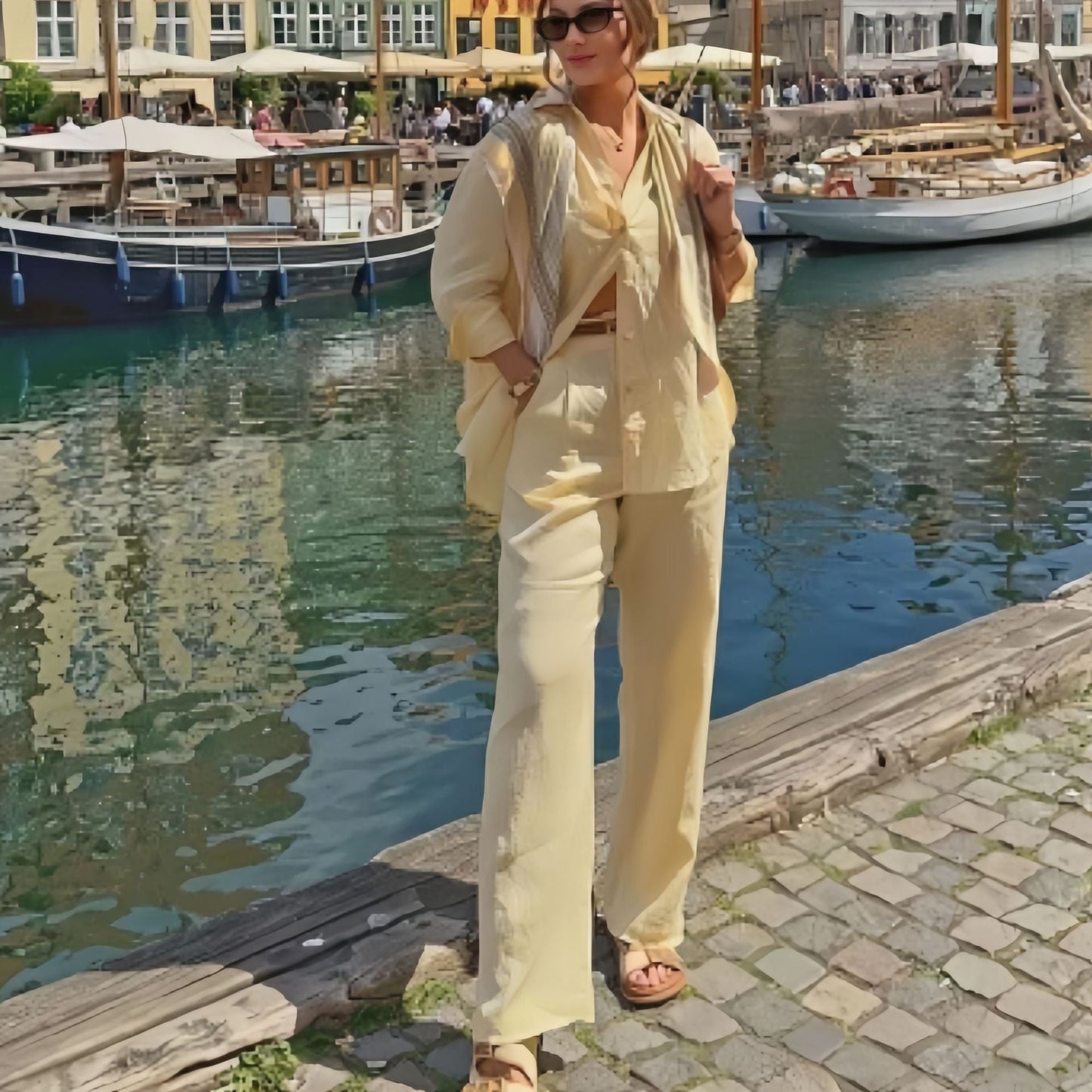 Kvinnors Casual Set Långärmad Skjorta och Byxor Bomull Linne-4