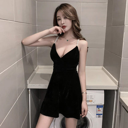 Damklänning Mini Spaghetti Remmar V-Hals Polyester Färgblockering-1