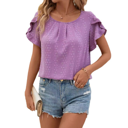Dam Ruffle Skjorta Jacquard Korta Ärmar Polyester 1