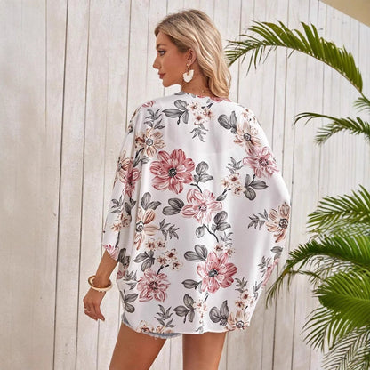 Dam Cardigan Blommig Löst Klippt Polyester Trekvartsärmar 4