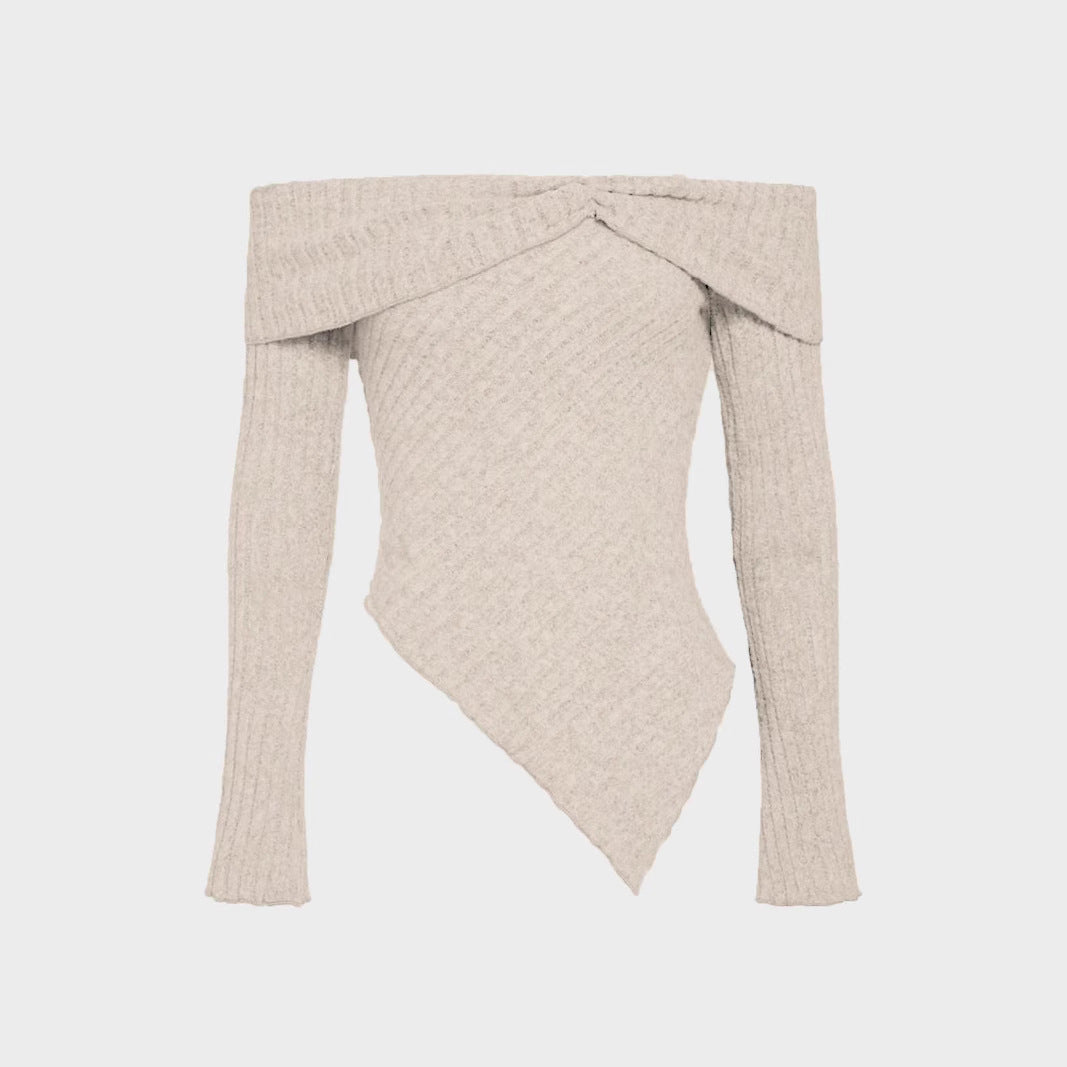 Dam Stickad Tröja Oregelbunden En-Axel Polyester-6