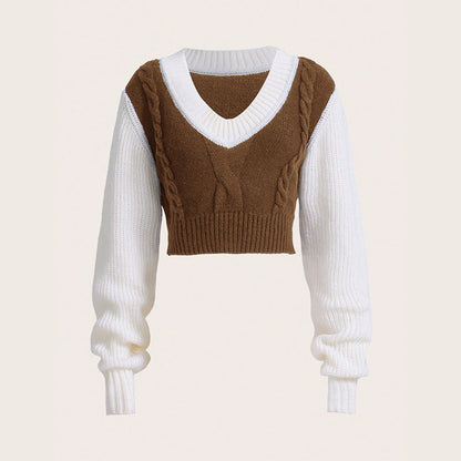 Kvinnors Stickad Tröja V-ringning Ullmix Kort Design Flätmönster 1