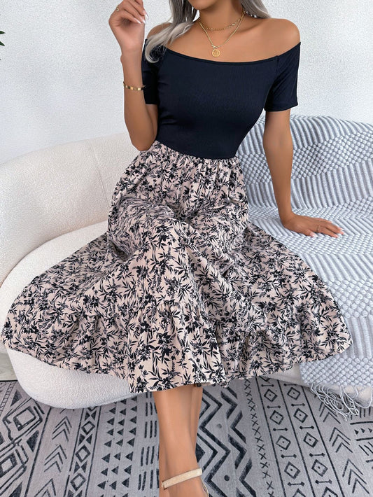 Dam Midi Klänning Off-Shoulder Blommig A-Linje Polyester för Sommar och Fest-1