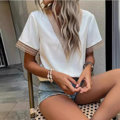 Dam T-shirt V-hals Löst Satinmaterial Elegant Stil-5