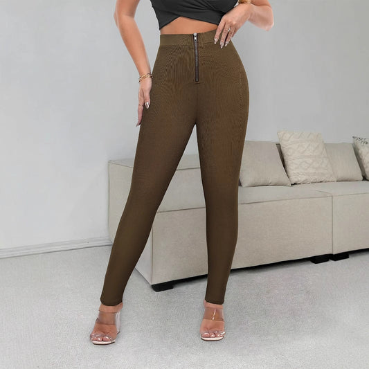 Kvinnor Leggings Hög Midja Ribbad Med Dragkedja Mjuk Blandning 1
