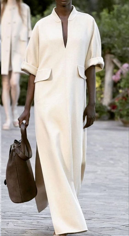 Kvinnors Lång Klänning V-hals Korta Ärmar Polyester-2