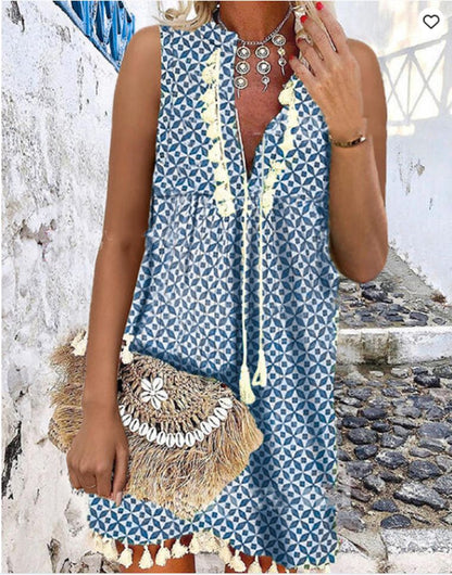 A-Line Klänning för Kvinna med V-ringning och Fransärmar – Polyester, Ärmlös, Medellång, Perfekt för Sommarfester 9