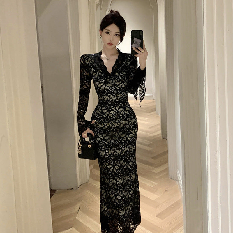 Dam Klänning V-ringad Tight Polyester med Slits-1