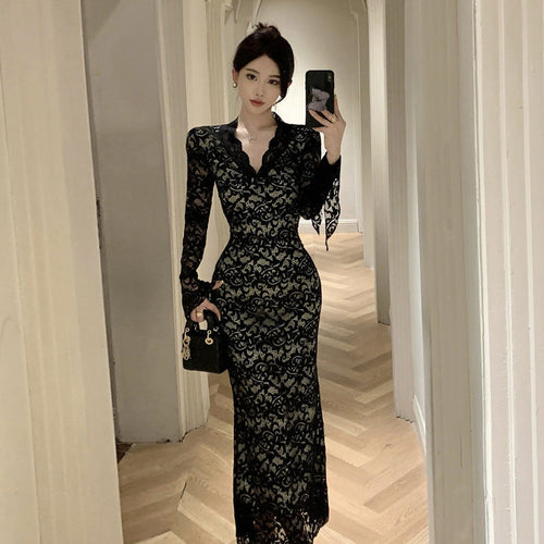 Dam Klänning V-ringad Tight Polyester med Slits-1