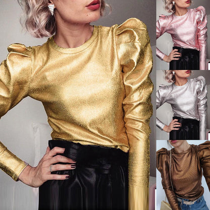 Dam T-shirt Punk Stil Avslappnad 100% Bomull Metallic Guld-2
