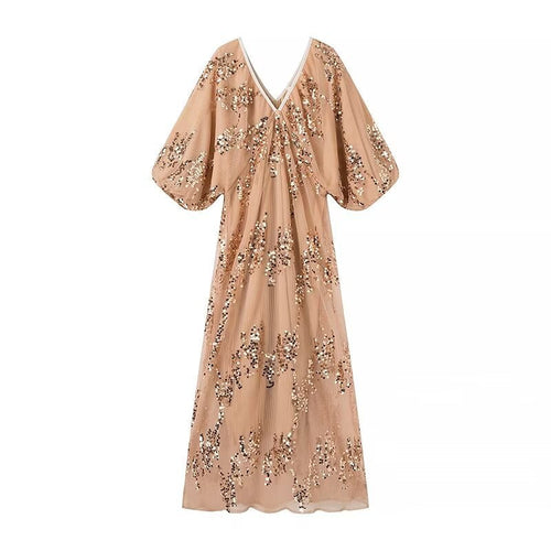 Damklänning A-Linje V-ringning Kort Ärmar Patchwork 100% Polyester-1