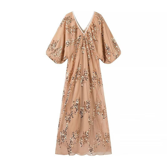 Damklänning A-Linje V-ringning Kort Ärmar Patchwork 100% Polyester-1