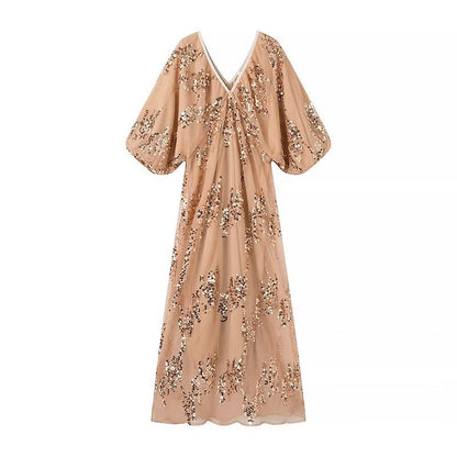 Variant image for Damklänning A-Linje V-ringning Kort Ärmar Patchwork 100% Polyester-1