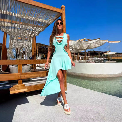 Damklänning Asymmetrisk Midi Polyester U-formad Halsringning Ärmlös-3