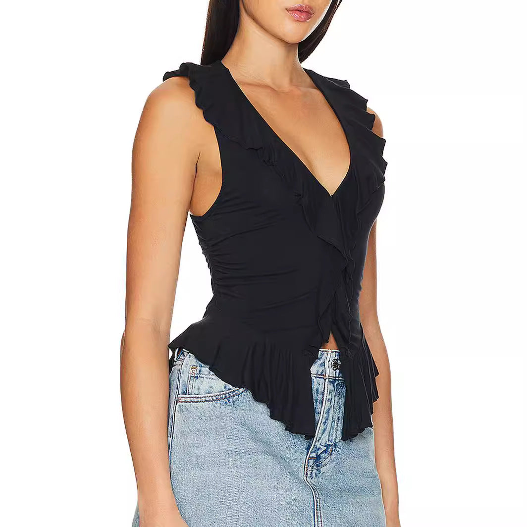 Dam Skjorta Ärmlös Volang Polyester V-Ringning-3