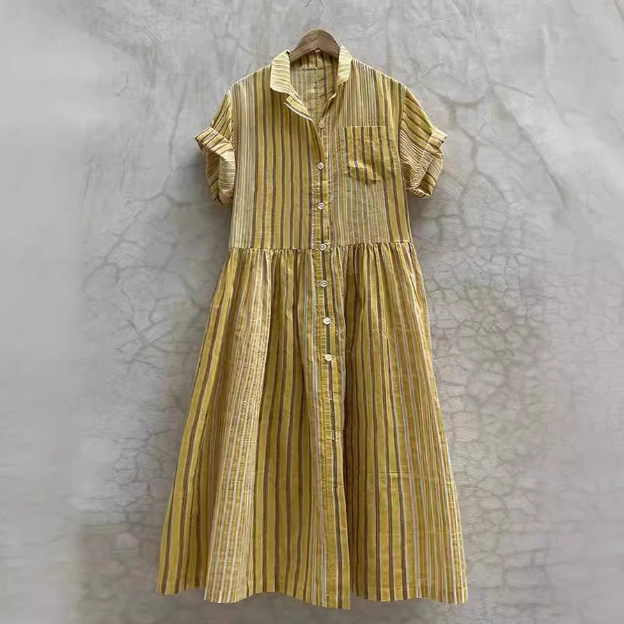 Dam A-Linjeklänning Med Randiga Puffärmar I Bomull - Sommarklänning-2