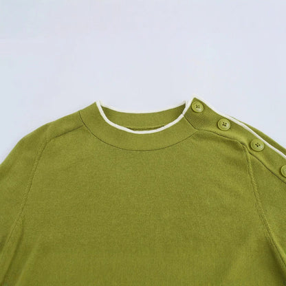 Stickad Dam Tröja Med Dekorativa Knappar Och Kontrasterande Ärmar - Bekväm Bomullsblandning, Perfekt För Vardag Och Fest 3