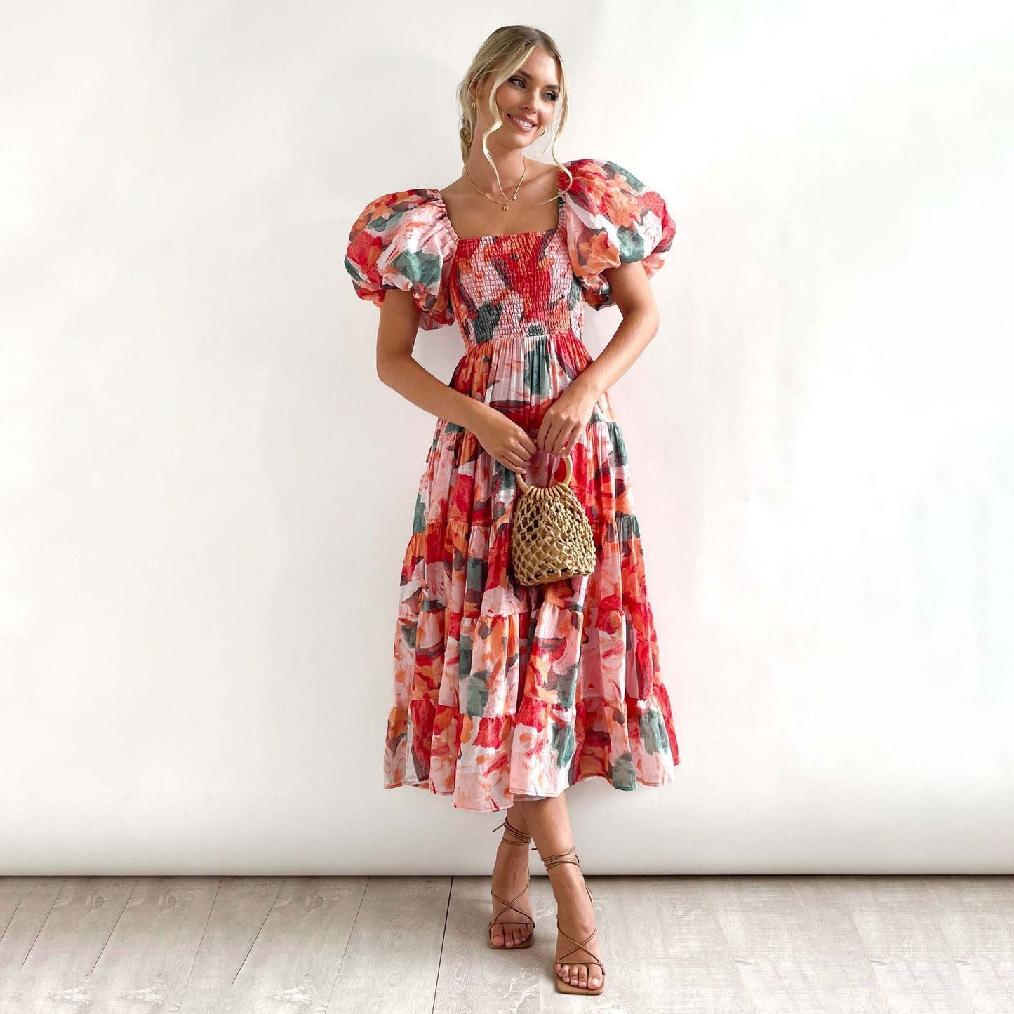 Kvinnors A-linje Klänning med Lanternärm Hög Midja Polyester-3