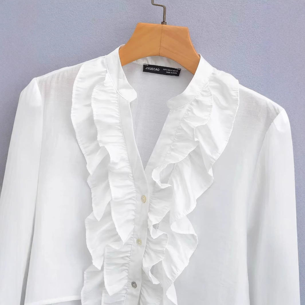 Dam Blus med Rüsch Detaljer och Klassisk Krage i Andningsbart Tyg-3