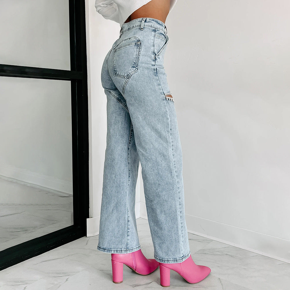 Kvinnors Rippade Raka Jeans Hög Midja Elastisk Denim-4