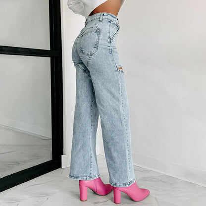 Kvinnors Rippade Raka Jeans Hög Midja Elastisk Denim-4