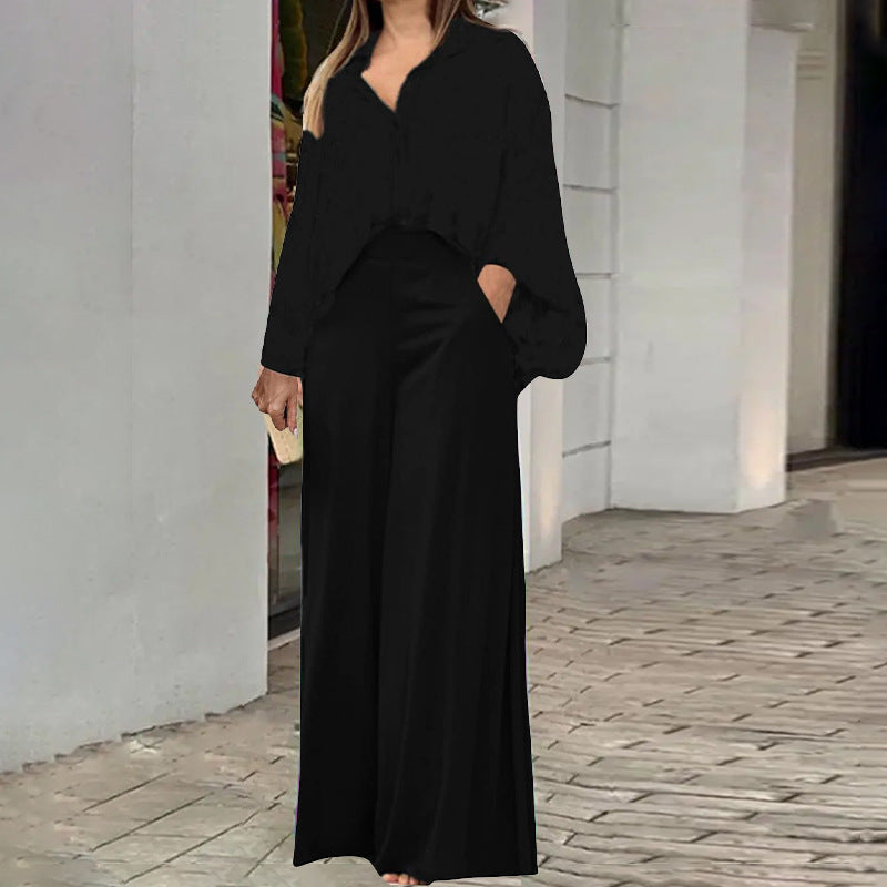 Dam Set med Tryckt Skjorta och Vida Byxor i Polyester 5