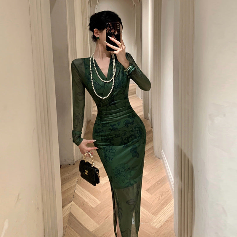 Damklänning Långärmad Delad Design Högkvalitativt Tyg-2