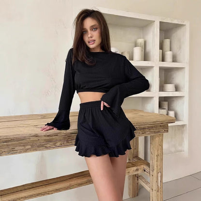 Dam Shorts Set Långärmad Rüschen Polyester-5