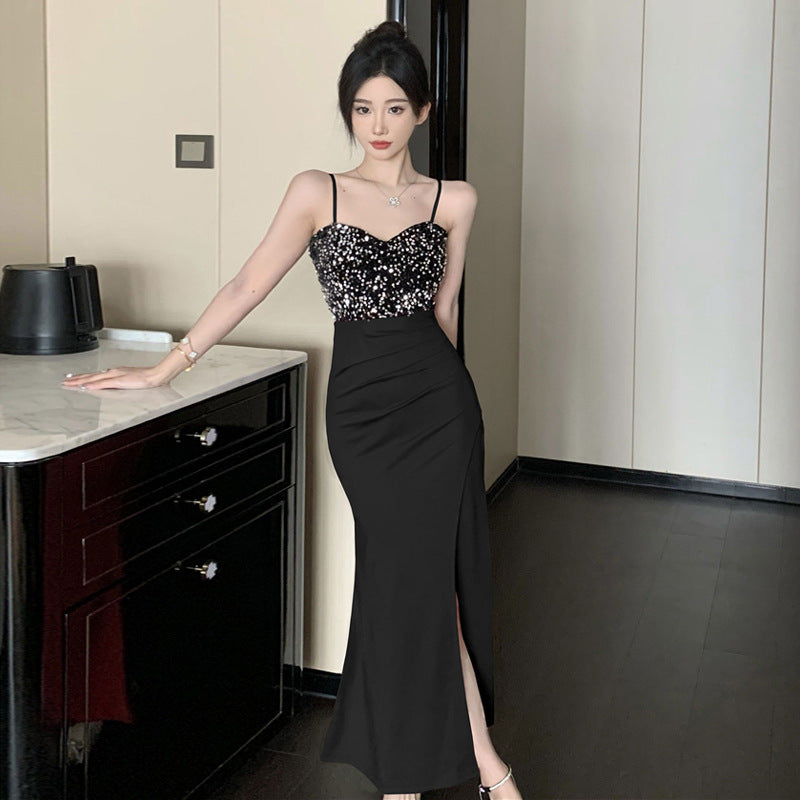 Variant image for Kvinnor Lång Sjöjungfru Klänning V-hals Spaghetti Remmar Polyester Elastan-4