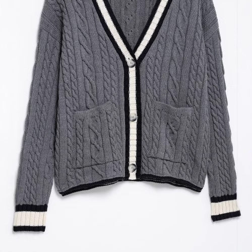 Kvinnors Cardigan Flätmönster Bomullsmix med Kontrastdetaljer-4