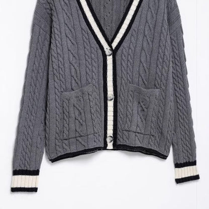 Kvinnors Cardigan Flätmönster Bomullsmix med Kontrastdetaljer-4