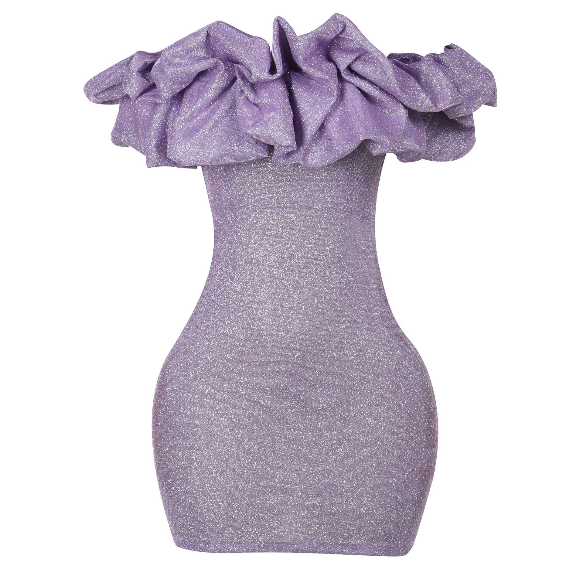 Kvinnors Glittrig Miniklänning Off-Shoulder med Ruffles Elastiskt Tyg 6