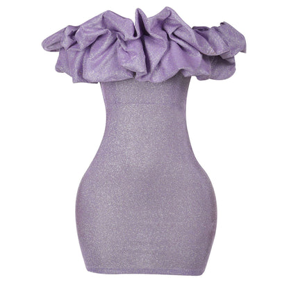 Kvinnors Glittrig Miniklänning Off-Shoulder med Ruffles Elastiskt Tyg 6