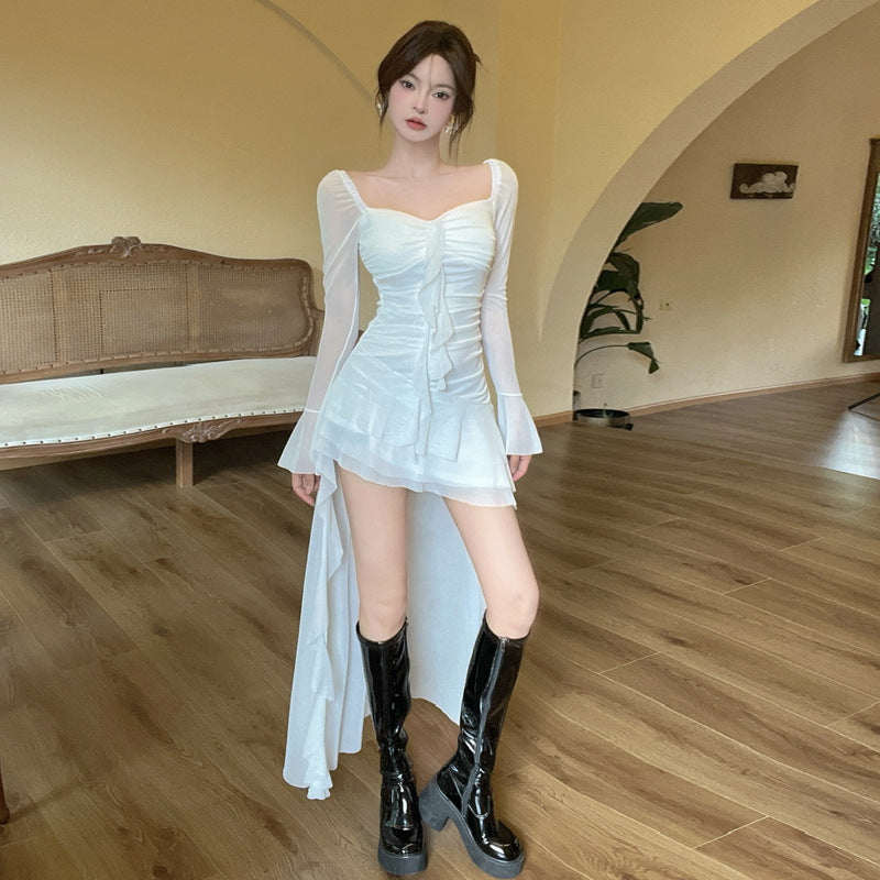 Dam Långärmad Långklänning Fyrkantig Halsringning Elegant Enstycke-3