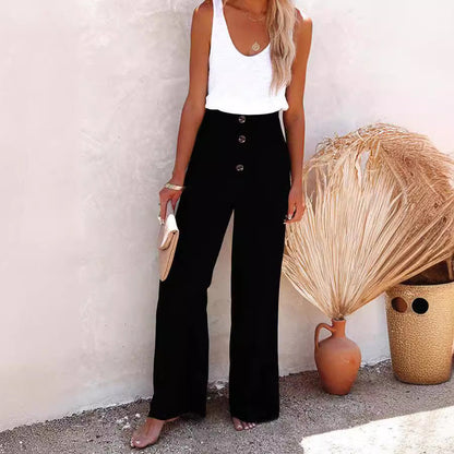 Kvinnors Bredbyxor Hög Midja Bomullslinne Elegant Design med Knappar-3