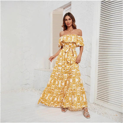 Kvinnors Off-Shoulder Klänning Blommönster Rynkad Polyester-4