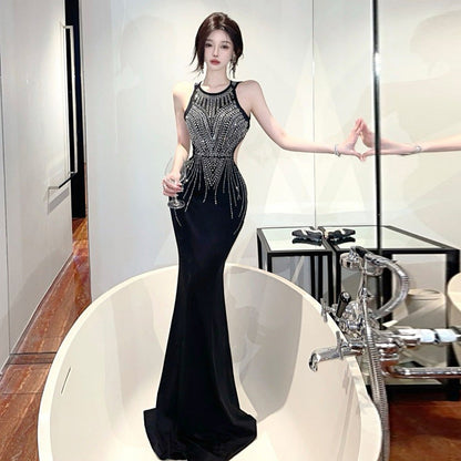 Kvinnors Lång Klänning Ärmlös Rundhals Högkvalitativt Tyg-1