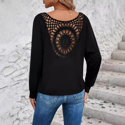 Dam Långärmad T-Shirt Viskos Enfärgad V-Hals Löst Sittande-2