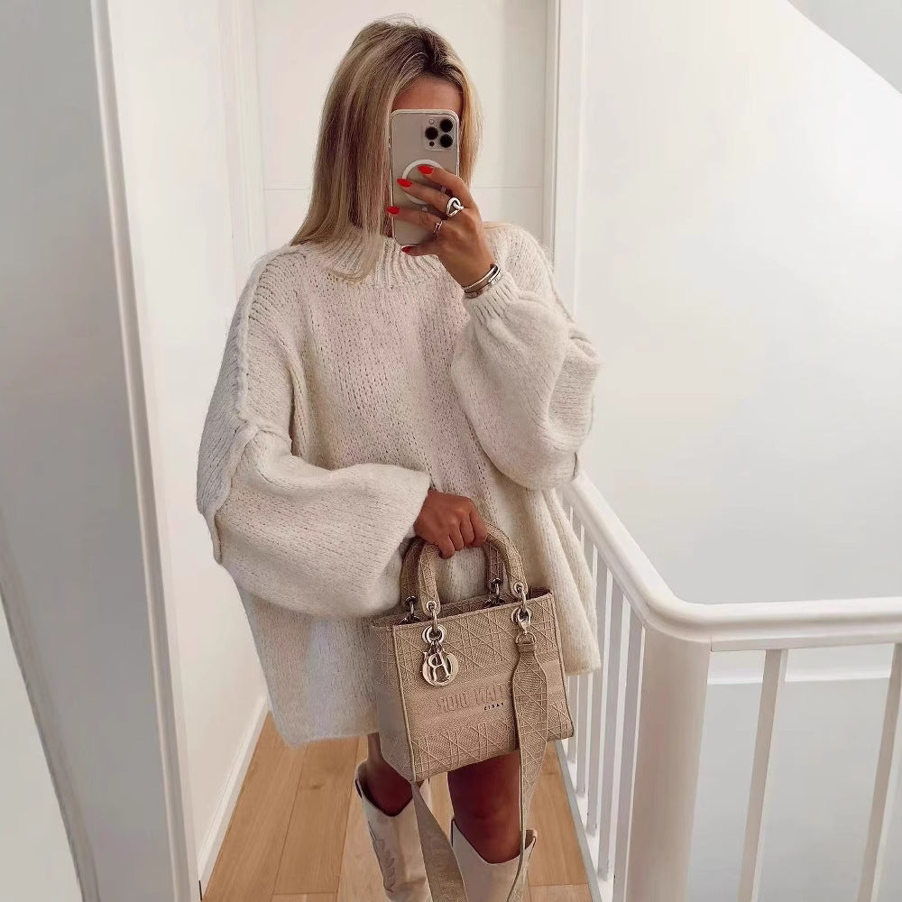 Dam Stickad Tröja Hög Krage Ullblandning Elegant Avslappnad-2