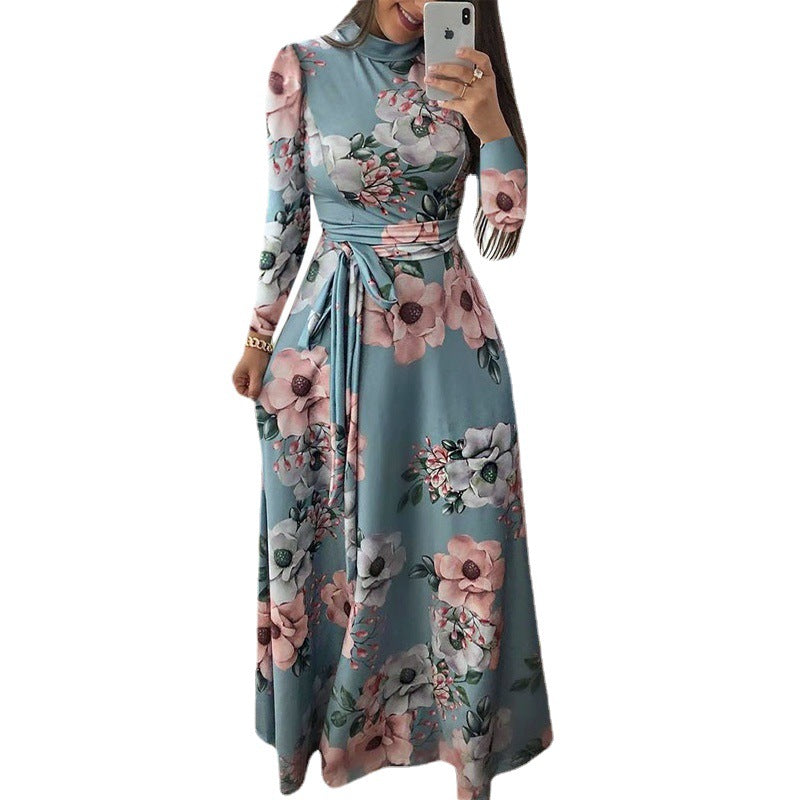 Kvinna Blommönstrad Klänning Lång Polyester med Ståkrage-3