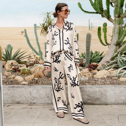 Dam Blommönstrad Långärmad Skjorta och Byxor i Mjuk Tyg för Sommar-2