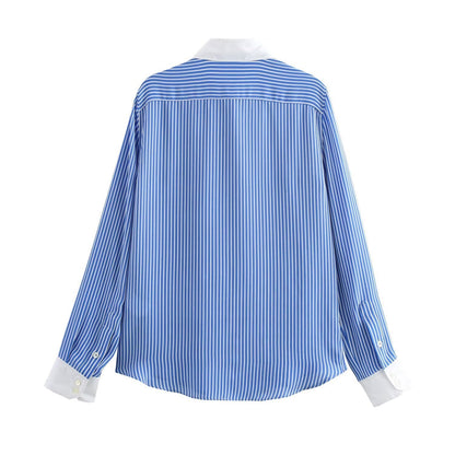 Dam Blus Långärmad Randig 100% Bomull-5