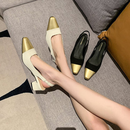 Kvinnors Slingback Skor Blockklack Strukturerat Tyg med Guld Accent 4
