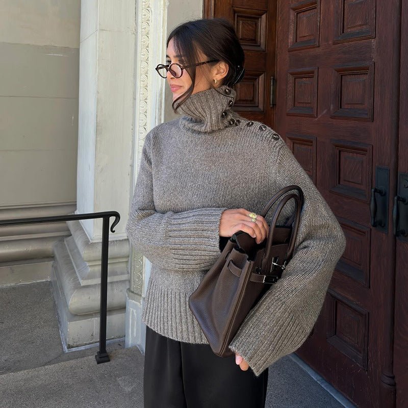 Dam Turtleneck Tröja Modern Ull med Knappar-1
