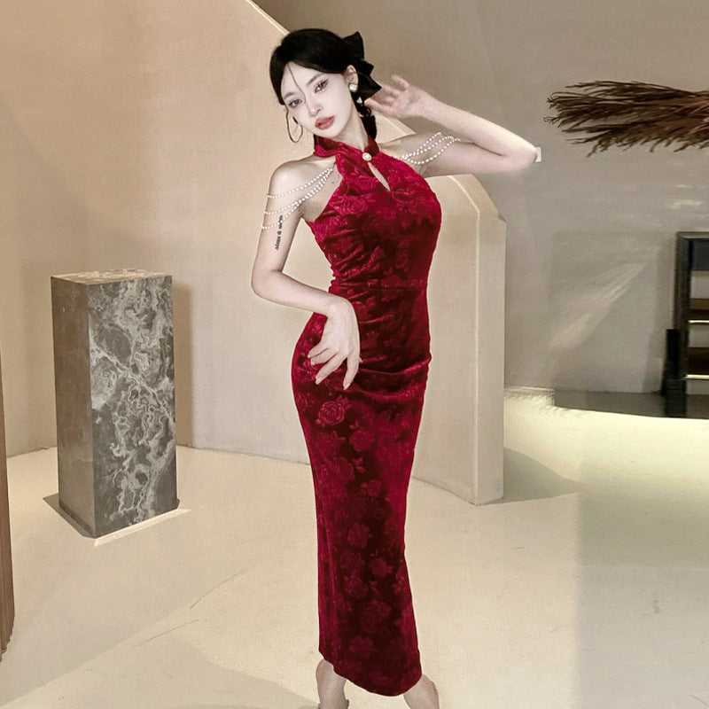 Dam Off-Shoulder Bodycon Klänning Cheongsam Stil Polyester-1