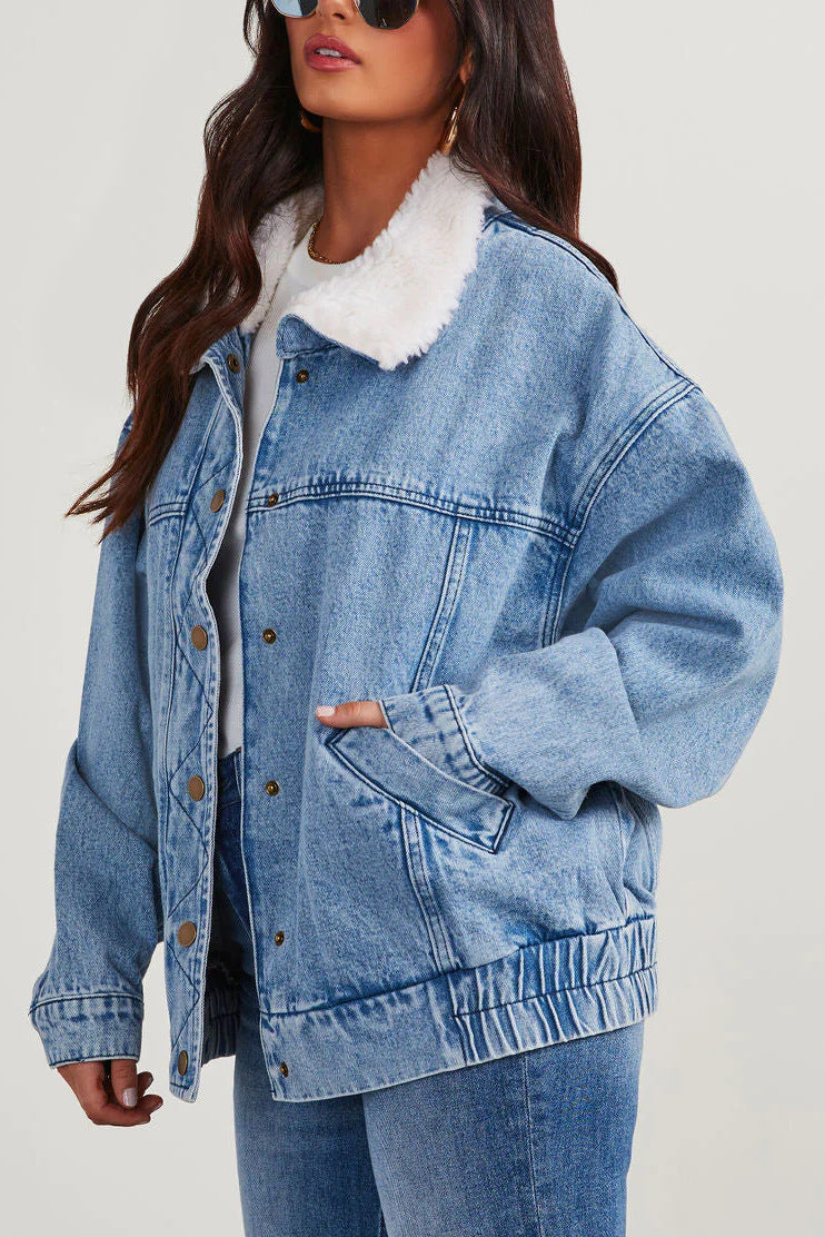 Kvinnors Denimjacka Modern Snitt Fleecekrage Denim 2