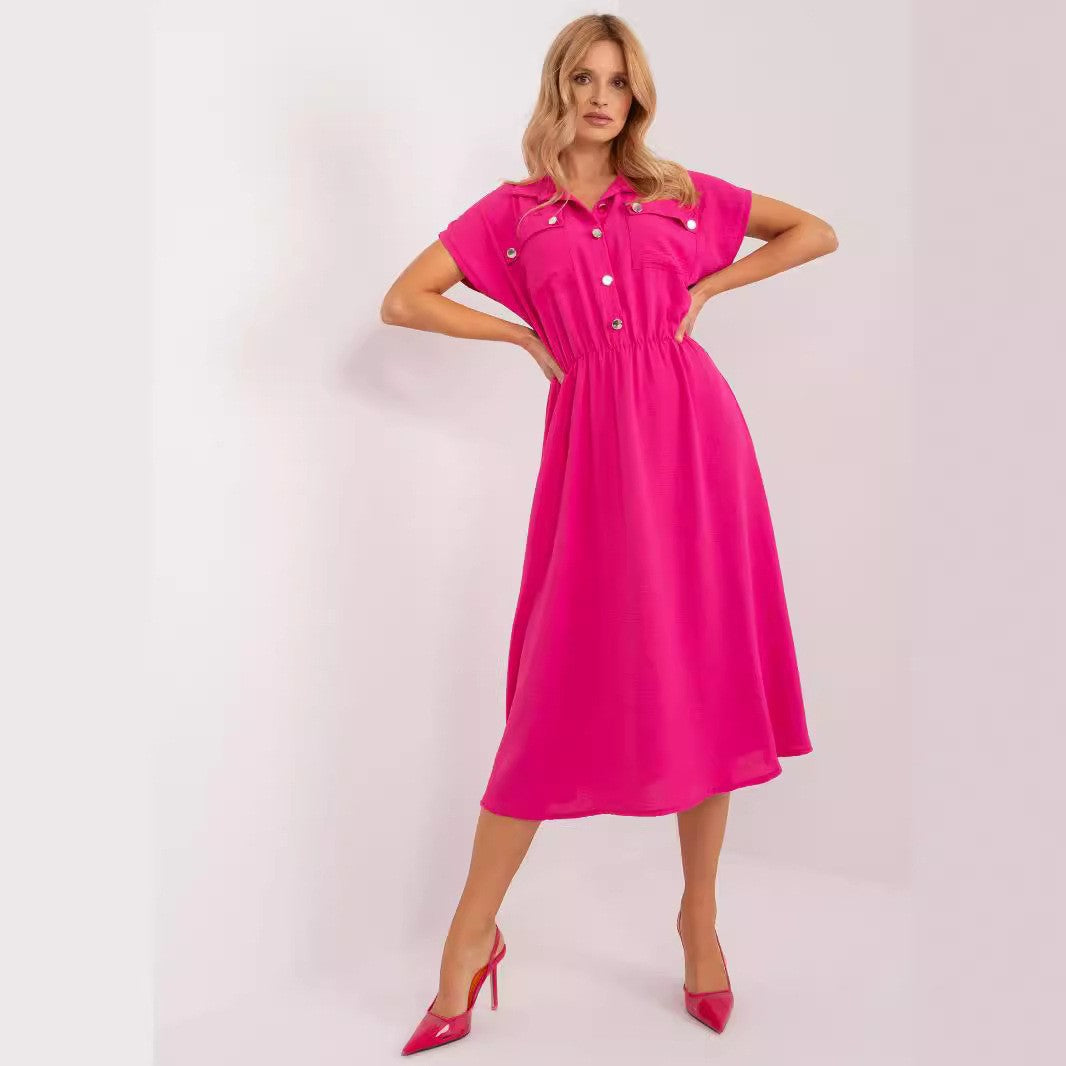 Damklänning A-Linje Elastisk Midja Polyester med Knappficka-5