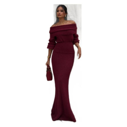 Dam Stickad Klänning Lång Ärmar Enfärgad Mjuk Akryl-6