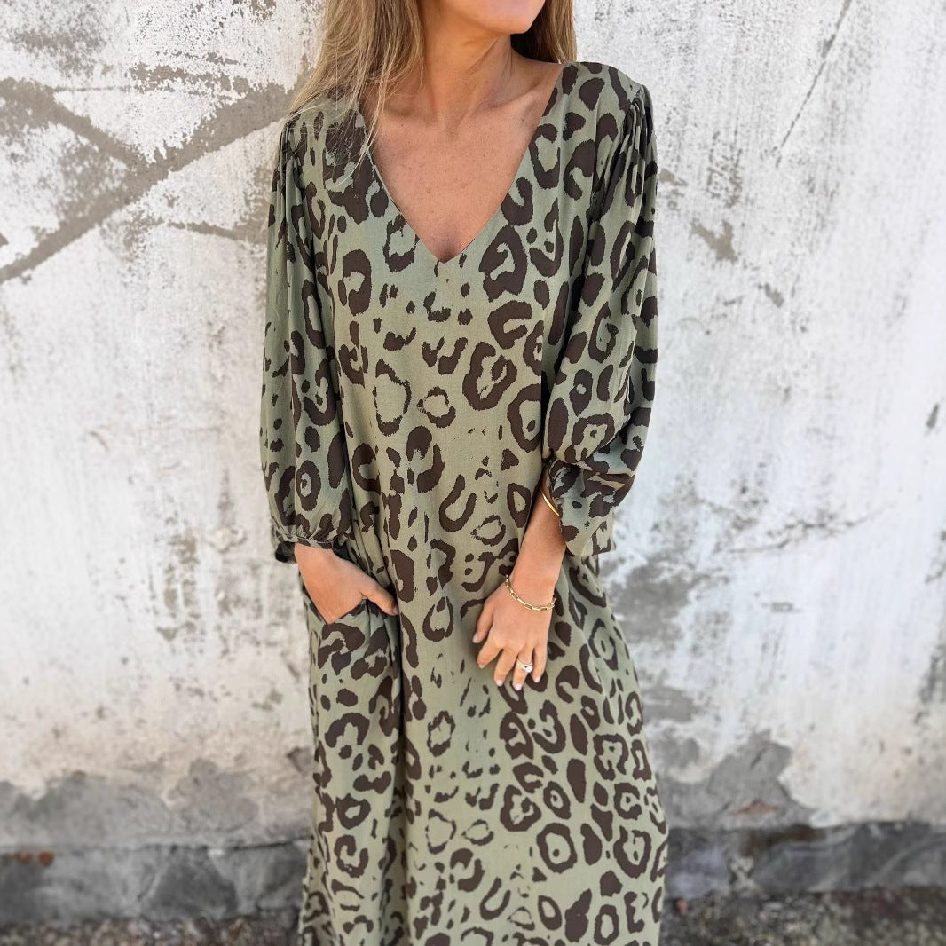 Kvinnors Utställd Klänning V-ringad Polyester Leopardmönstrad-3