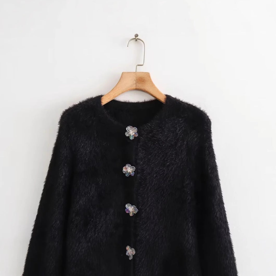 Damkofta med Blommiga Knappar Mjuk Polyester Cirkulär Halsringning 3
